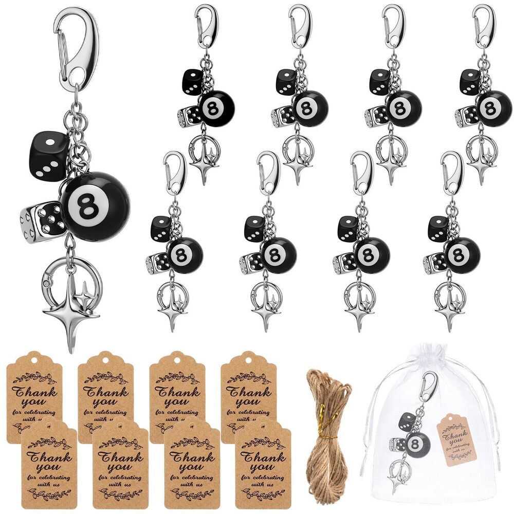 1902 8 Pcs 8 Ball Keychains Bulk Dice Billiards Keychains Lucky Silver Star